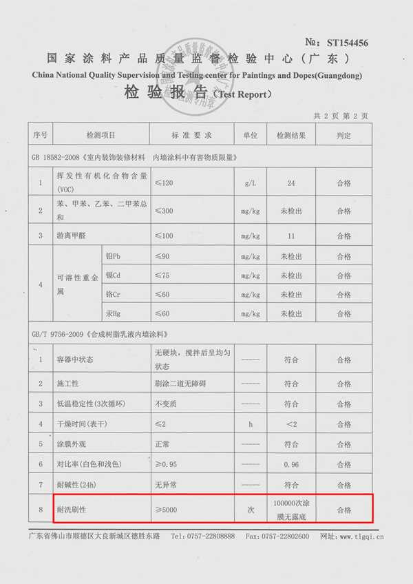 大荷墻面漆10萬次耐擦洗檢測報告