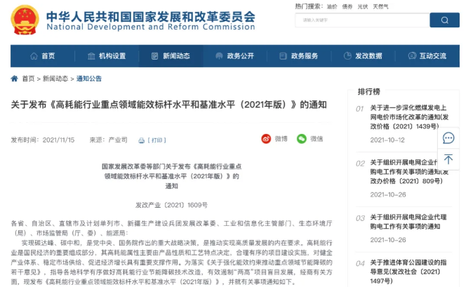 重磅！發改委等五部門發布《高耗能行業重點領域能效標桿水平和基準水平(2021版)》 涂料在線,coatingol.com