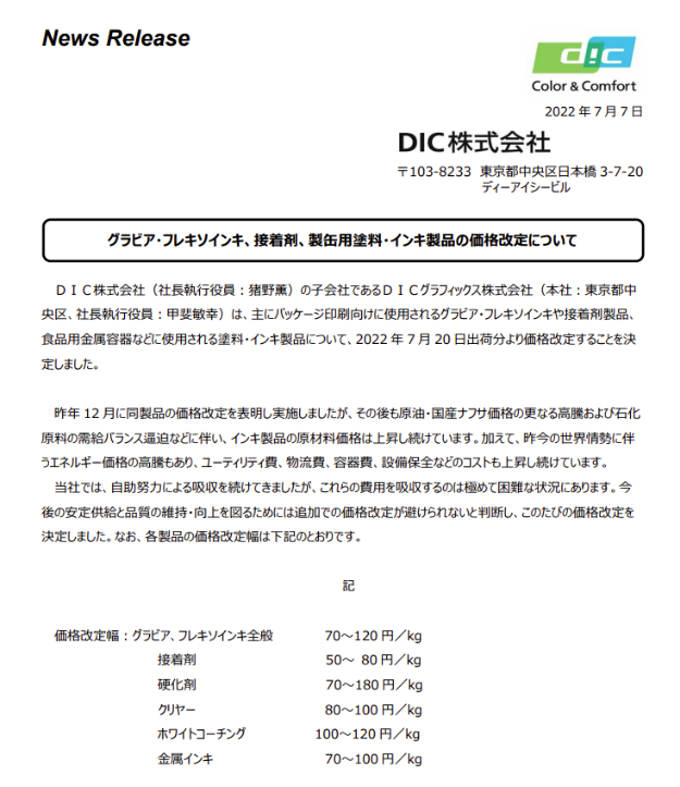 7月20日起，日本DIC再度上調油墨、涂料和固化劑類產品價格 涂料在線,coatingol.com